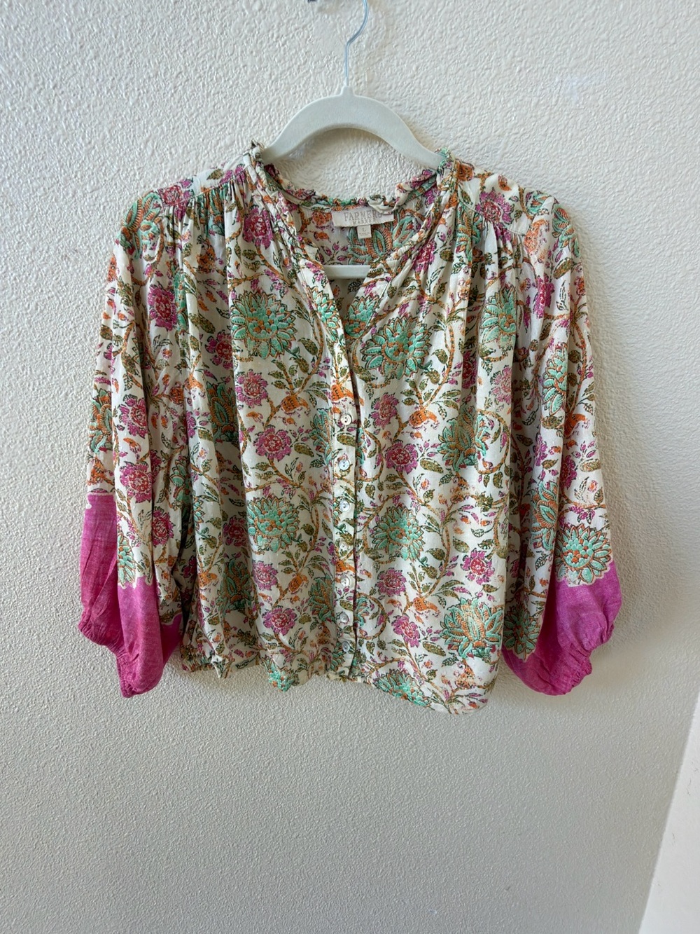 Floral Button-Front Blouse with Pink Sleeve Accents